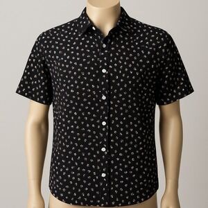 Murano Liquid Luxury Men XL Button Front Shirt Black White Bird Print‎
